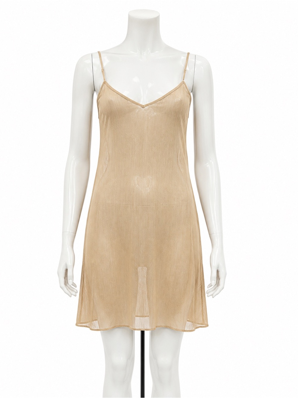 Sheer Beige Crinkle Plissé Slip Dress Adjustable Straps